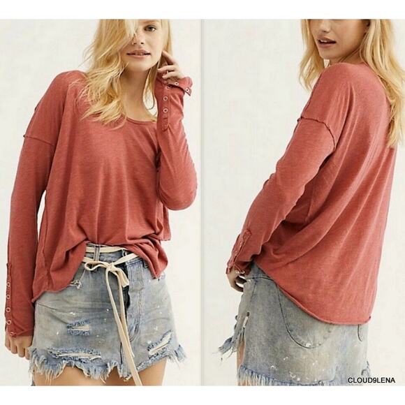 Free People Sienna Flor de Mayo Slouchy Long Sleeve T-Shirt Burnt Orange Sz S - Picture 4 of 9